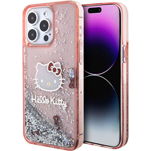 Apple iPhone 15 Pro Max Uyumlu Kılıf Hello Kitty Orjinal Lisanslı İkonik Sıvılı Glitter Kapak