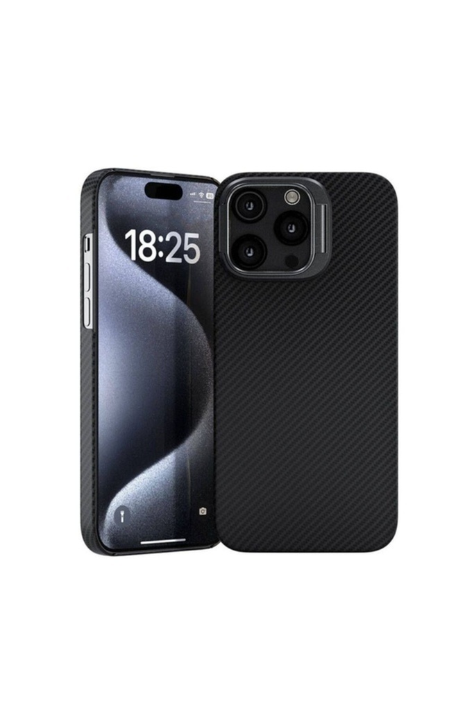 Apple iPhone 15 Pro Max Uyumlu Kılıf M-safe Şarj Özellikli 600D Kevlar Zore Krek Karbon Standlı Kapak