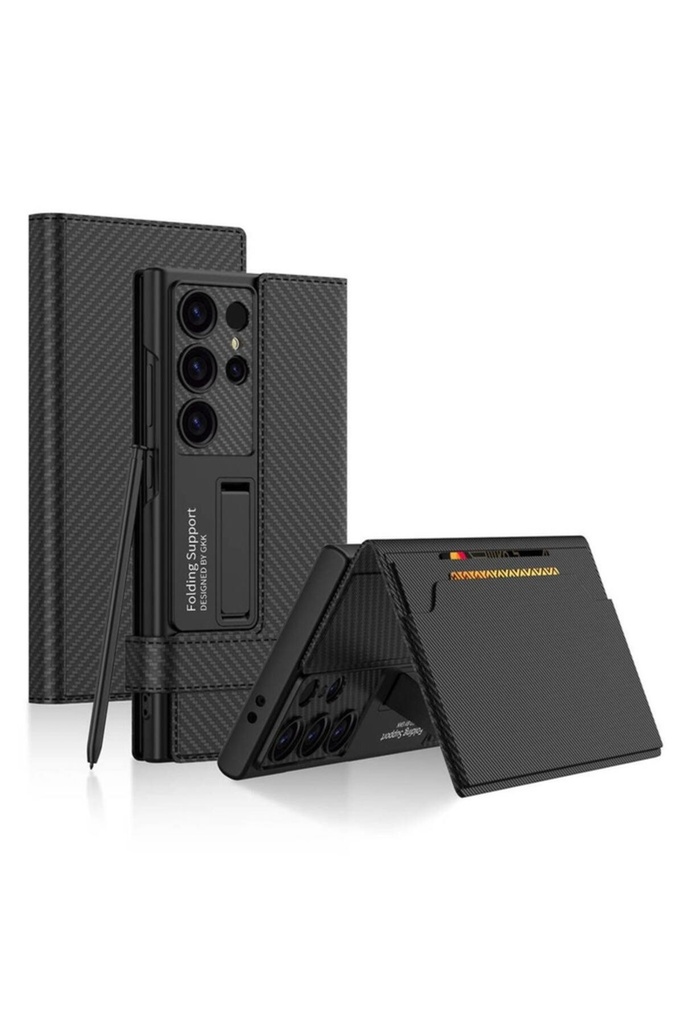 Samsung Galaxy S24 Ultra Uyumlu Zore Kıpta Standlı Kartlıklı Karbon Kapak