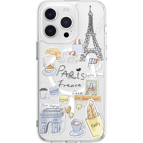 Apple iPhone 15 Pro Max Uyumlu Kılıf M-safe Şarj Özellikli Çizim Desenli Şok Önleyicili Şeffaf Lisanslı Switcheasy City-M Paris Kapak