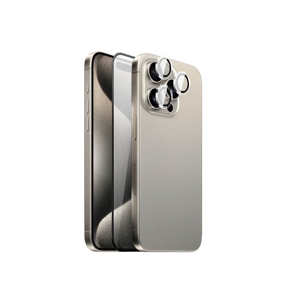 Apple iPhone 15 Pro Uyumlu Wiwu Wi-IP002 2in1 Temperli Cam Ahize Toz Önleyici Ekran Koruyucu ve Kamera Lens Koruyucu Set