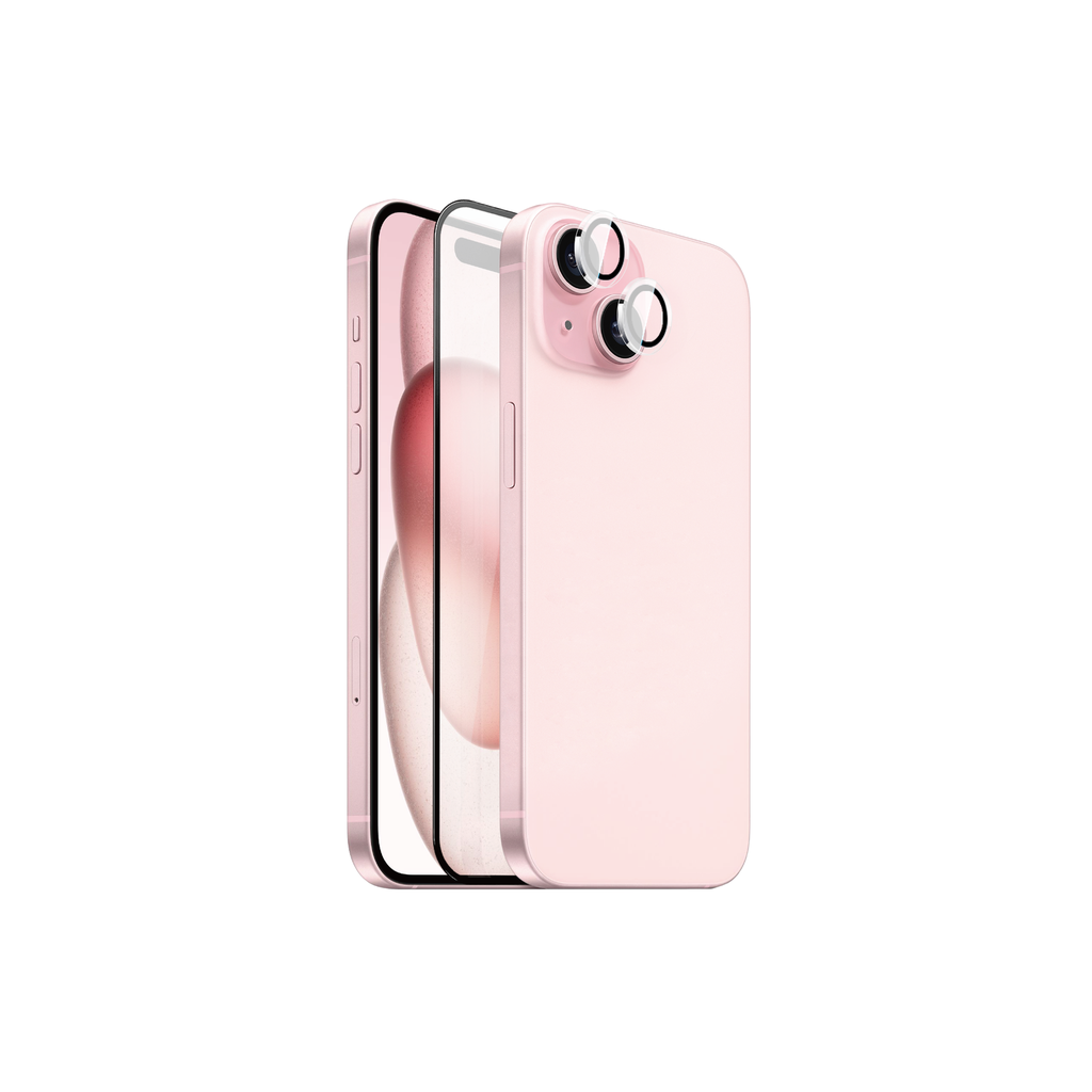 Apple iPhone 15 Uyumlu Wiwu Wi-IP002 2in1 Temperli Cam Ahize Toz Önleyici Ekran Koruyucu ve Kamera Lens Koruyucu Set