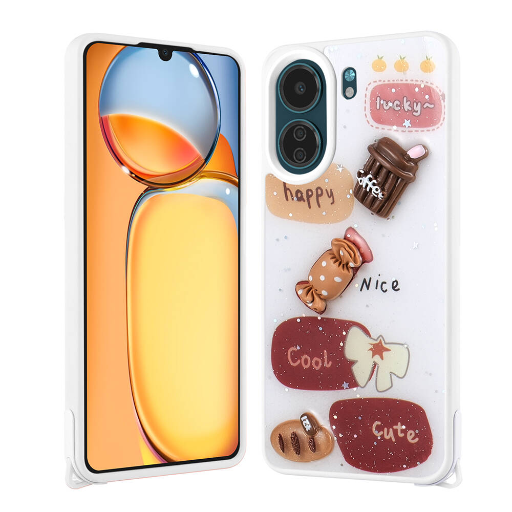 Xiaomi Poco C65 Uyumlu Kılıf Parlayan Simli Kabartma Figürlü Zore Cevze Kapak