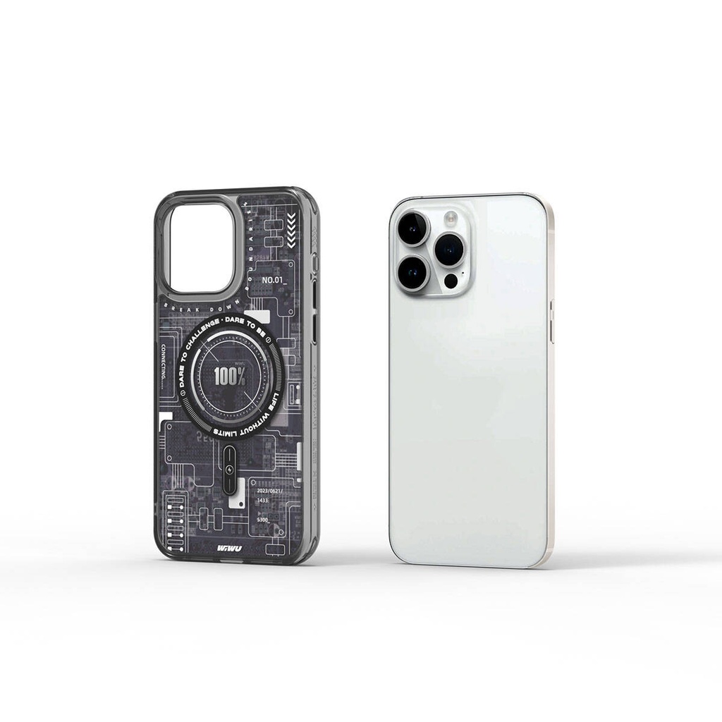 Apple iPhone 15 Pro Max Uyumlu Kılıf M-safe Şarj Özellikli Desenli Wiwu Mecha Circuit H Serisi Kapak